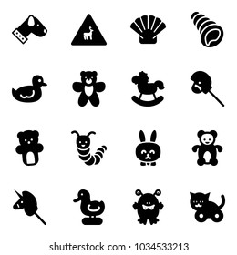 Solid Vector Icon Set - Dog Vector, Wild Animals Road Sign, Shell, Duck Toy, Bear, Rocking Horse, Stick, Caterpillar, Rabbit, Unicorn, Monster, Cat