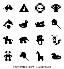 Solid vector icon set - dog vector, wild animals road sign, no cart horse, shell, dolphin, duck toy, crocodile, stick, wheel, elephant, bear, caterpillar, unicorn, giraffe