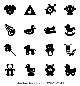 Solid vector icon set - dog vector, wild animals road sign, sea turtle, shell, duck toy, crocodile, rocking horse, stick, wheel, bear, caterpillar, monster