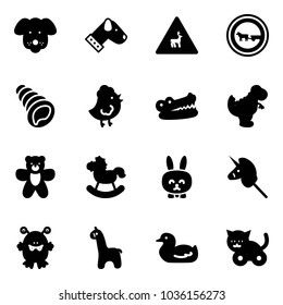 Solid vector icon set - dog vector, wild animals road sign, no cart horse, shell, chicken toy, crocodile, dinosaur, bear, rocking, rabbit, unicorn stick, monster, giraffe, duck, cat