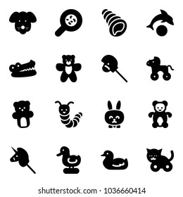 Solid vector icon set - dog vector, bacteria, shell, dolphin, crocodile, bear toy, horse stick, wheel, caterpillar, rabbit, unicorn, duck, cat
