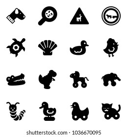 Solid vector icon set - dog vector, bacteria, wild animals road sign, no cart horse, sea turtle, shell, duck toy, chicken, crocodile, dinosaur, wheel, elephant, caterpillar, cat