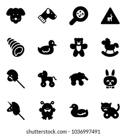 Solid vector icon set - dog vector, bacteria, wild animals road sign, shell, duck toy, bear, rocking horse, stick, wheel, elephant, rabbit, unicorn, monster, cat