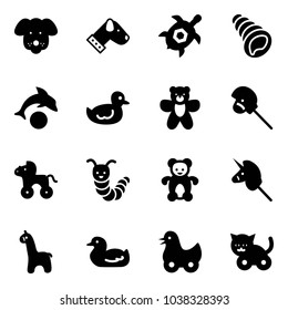 Solid vector icon set - dog vector, sea turtle, shell, dolphin, duck toy, bear, horse stick, wheel, caterpillar, unicorn, giraffe, cat