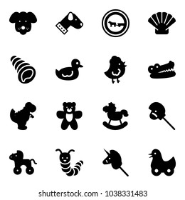Solid vector icon set - dog vector, no cart horse road sign, shell, duck toy, chicken, crocodile, dinosaur, bear, rocking, stick, wheel, caterpillar, unicorn