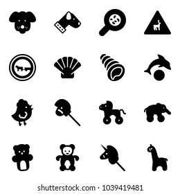 Solid vector icon set - dog vector, bacteria, wild animals road sign, no cart horse, shell, dolphin, chicken toy, stick, wheel, elephant, bear, unicorn, giraffe