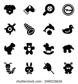 Solid vector icon set - dog vector, bacteria, no cart horse road sign, sea turtle, shell, dolphin, duck toy, dinosaur, bear, rocking, elephant wheel, caterpillar, rabbit, unicorn stick, monster
