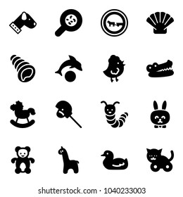 Solid vector icon set - dog vector, bacteria, no cart horse road sign, shell, dolphin, chicken toy, crocodile, rocking, stick, caterpillar, rabbit, bear, giraffe, duck, cat