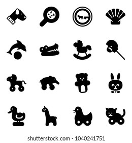 Solid vector icon set - dog vector, bacteria, no cart horse road sign, shell, dolphin, crocodile, rocking, stick toy, wheel, elephant, bear, rabbit, duck, giraffe, cat