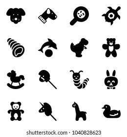 Solid vector icon set - dog vector, bacteria, sea turtle, shell, dolphin, dinosaur toy, bear, rocking horse, stick, caterpillar, rabbit, unicorn, giraffe, duck