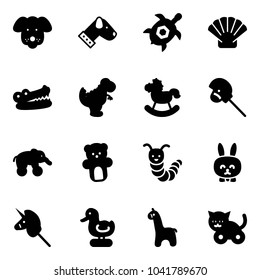 Solid vector icon set - dog vector, sea turtle, shell, crocodile, dinosaur toy, rocking horse, stick, elephant wheel, bear, caterpillar, rabbit, unicorn, duck, giraffe, cat