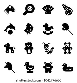 Solid vector icon set - dog vector, bacteria, shell, dolphin, chicken toy, rocking horse, stick, wheel, bear, caterpillar, unicorn, duck, monster