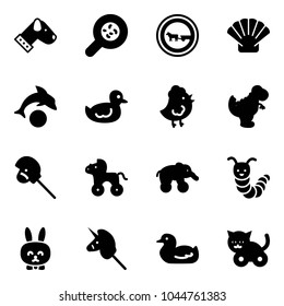Solid vector icon set - dog vector, bacteria, no cart horse road sign, shell, dolphin, duck toy, chicken, dinosaur, stick, wheel, elephant, caterpillar, rabbit, unicorn, cat