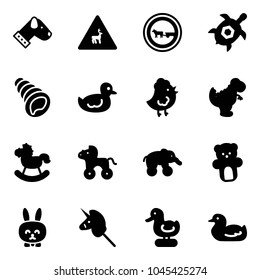 Solid vector icon set - dog vector, wild animals road sign, no cart horse, sea turtle, shell, duck toy, chicken, dinosaur, rocking, wheel, elephant, bear, rabbit, unicorn stick
