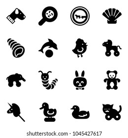 Solid vector icon set - dog vector, bacteria, no cart horse road sign, shell, dolphin, chicken toy, wheel, elephant, caterpillar, rabbit, bear, unicorn stick, duck, cat