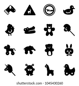 Solid vector icon set - dog vector, wild animals road sign, no cart horse, duck toy, chicken, crocodile, bear, stick, wheel, elephant, rabbit, unicorn, monster, giraffe