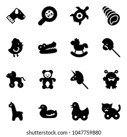 Solid vector icon set - dog vector, bacteria, sea turtle, shell, chicken toy, crocodile, rocking horse, stick, wheel, bear, unicorn, monster, giraffe, duck, cat