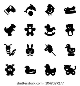 Solid vector icon set - dog vector, dolphin, chicken toy, crocodile, dinosaur, bear, rocking horse, caterpillar, rabbit, unicorn stick, duck, monster, cat