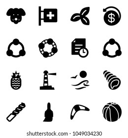 Solid vector icon set - dog vector, first aid room, three leafs, money back, social, friends, history, community, pineapple, lighthouse, waves, shell, drill, brush, boomerang, basketball