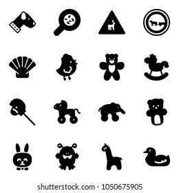 Solid vector icon set - dog vector, bacteria, wild animals road sign, no cart horse, shell, chicken toy, bear, rocking, stick, wheel, elephant, rabbit, monster, giraffe, duck