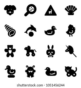 Solid vector icon set - dog vector, bacteria, wild animals road sign, shell, dolphin, duck toy, chicken, bear, wheel horse, rabbit, unicorn stick, monster, cat