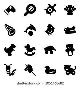 Solid vector icon set - dog vector, bacteria, sea turtle, shell, dolphin, chicken toy, crocodile, dinosaur, rocking horse, elephant wheel, bear, caterpillar, unicorn stick, duck, cat