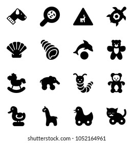 Solid vector icon set - dog vector, bacteria, wild animals road sign, sea turtle, shell, dolphin, bear toy, rocking horse, elephant wheel, caterpillar, duck, giraffe, cat