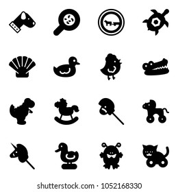 Solid vector icon set - dog vector, bacteria, no cart horse road sign, sea turtle, shell, duck toy, chicken, crocodile, dinosaur, rocking, stick, wheel, unicorn, monster, cat