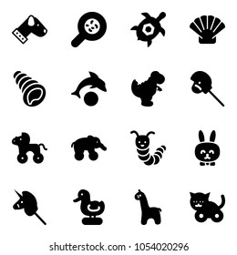 Solid vector icon set - dog vector, bacteria, sea turtle, shell, dolphin, dinosaur toy, horse stick, wheel, elephant, caterpillar, rabbit, unicorn, duck, giraffe, cat