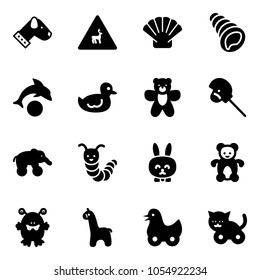 Solid vector icon set - dog vector, wild animals road sign, shell, dolphin, duck toy, bear, horse stick, elephant wheel, caterpillar, rabbit, monster, giraffe, cat