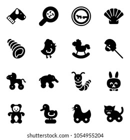 Solid vector icon set - dog vector, bacteria, no cart horse road sign, shell, chicken toy, rocking, stick, wheel, elephant, caterpillar, rabbit, bear, duck, cat