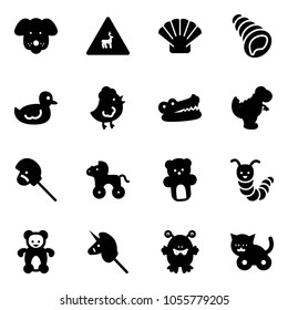 Solid vector icon set - dog vector, wild animals road sign, shell, duck toy, chicken, crocodile, dinosaur, horse stick, wheel, bear, caterpillar, unicorn, monster, cat