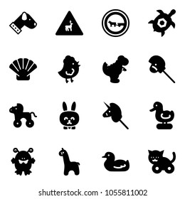 Solid vector icon set - dog vector, wild animals road sign, no cart horse, sea turtle, shell, chicken toy, dinosaur, stick, wheel, rabbit, unicorn, duck, monster, giraffe, cat