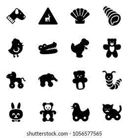 Solid vector icon set - dog vector, wild animals road sign, shell, chicken toy, crocodile, dinosaur, bear, wheel horse, elephant, caterpillar, rabbit, duck, cat