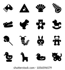 Solid vector icon set - dog vector, wild animals road sign, shell, crocodile, dinosaur toy, bear, rocking horse, stick, caterpillar, rabbit, duck, giraffe, cat