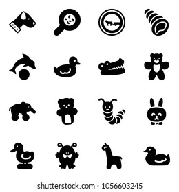 Solid vector icon set - dog vector, bacteria, no cart horse road sign, shell, dolphin, duck toy, crocodile, bear, elephant wheel, caterpillar, rabbit, monster, giraffe