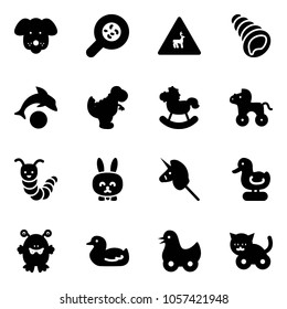 Solid vector icon set - dog vector, bacteria, wild animals road sign, shell, dolphin, dinosaur toy, rocking horse, wheel, caterpillar, rabbit, unicorn stick, duck, monster, cat