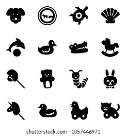 Solid vector icon set - dog vector, no cart horse road sign, sea turtle, shell, dolphin, duck toy, crocodile, rocking, stick, bear, caterpillar, rabbit, unicorn, cat