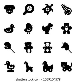 Solid vector icon set - dog vector, bacteria, sea turtle, shell, duck toy, chicken, dinosaur, bear, horse stick, unicorn, giraffe, cat