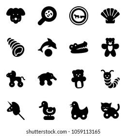 Solid vector icon set - dog vector, bacteria, no cart horse road sign, shell, dolphin, crocodile, bear toy, wheel, elephant, caterpillar, unicorn stick, duck, cat