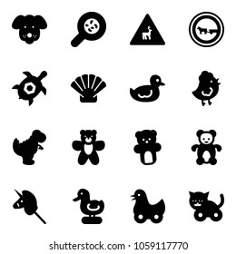 Solid vector icon set - dog vector, bacteria, wild animals road sign, no cart horse, sea turtle, shell, duck toy, chicken, dinosaur, bear, unicorn stick, cat