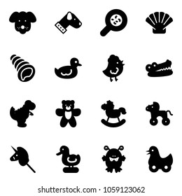 Solid vector icon set - dog vector, bacteria, shell, duck toy, chicken, crocodile, dinosaur, bear, rocking horse, wheel, unicorn stick, monster