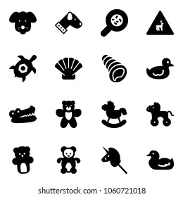 Solid vector icon set - dog vector, bacteria, wild animals road sign, sea turtle, shell, duck toy, crocodile, bear, rocking horse, wheel, unicorn stick