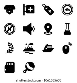 Solid vector icon set - dog vector, first aid room, medical label, no bike road sign, parking even, low volume, map pin, flask, golden branch, mountains, cruiser, mouse wireless, micro flash card