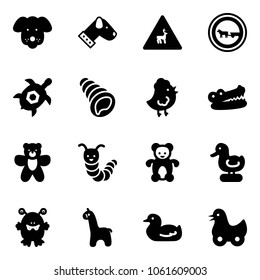 Solid vector icon set - dog vector, wild animals road sign, no cart horse, sea turtle, shell, chicken toy, crocodile, bear, caterpillar, duck, monster, giraffe