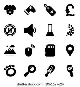 Solid vector icon set - dog vector, medical label, pound, no parking even road sign, low volume, flask, golden branch, mountains, mouse wireless, micro flash card, navigation pin, beanbag