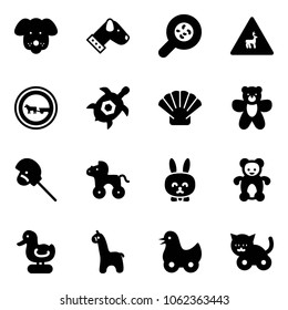 Solid vector icon set - dog vector, bacteria, wild animals road sign, no cart horse, sea turtle, shell, bear toy, stick, wheel, rabbit, duck, giraffe, cat