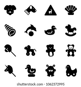 Solid vector icon set - dog vector, wild animals road sign, shell, dolphin, duck toy, rocking horse, stick, wheel, bear, unicorn, monster