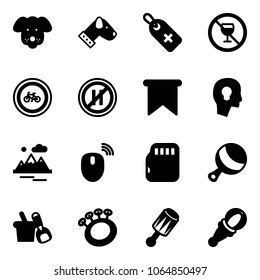 Solid vector icon set - dog vector, medical label, no alcohol sign, bike road, parking even, flag, head bulb, mountains, mouse wireless, micro flash card, beanbag, shovel bucket