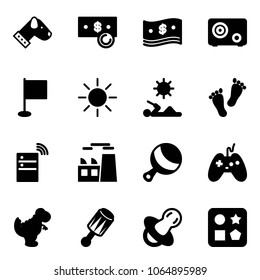 Solid vector icon set - dog vector, cash, safe, flag, sun, reading, feet, server wireless, plant, beanbag, joystick, dinosaur toy, soother, cube hole